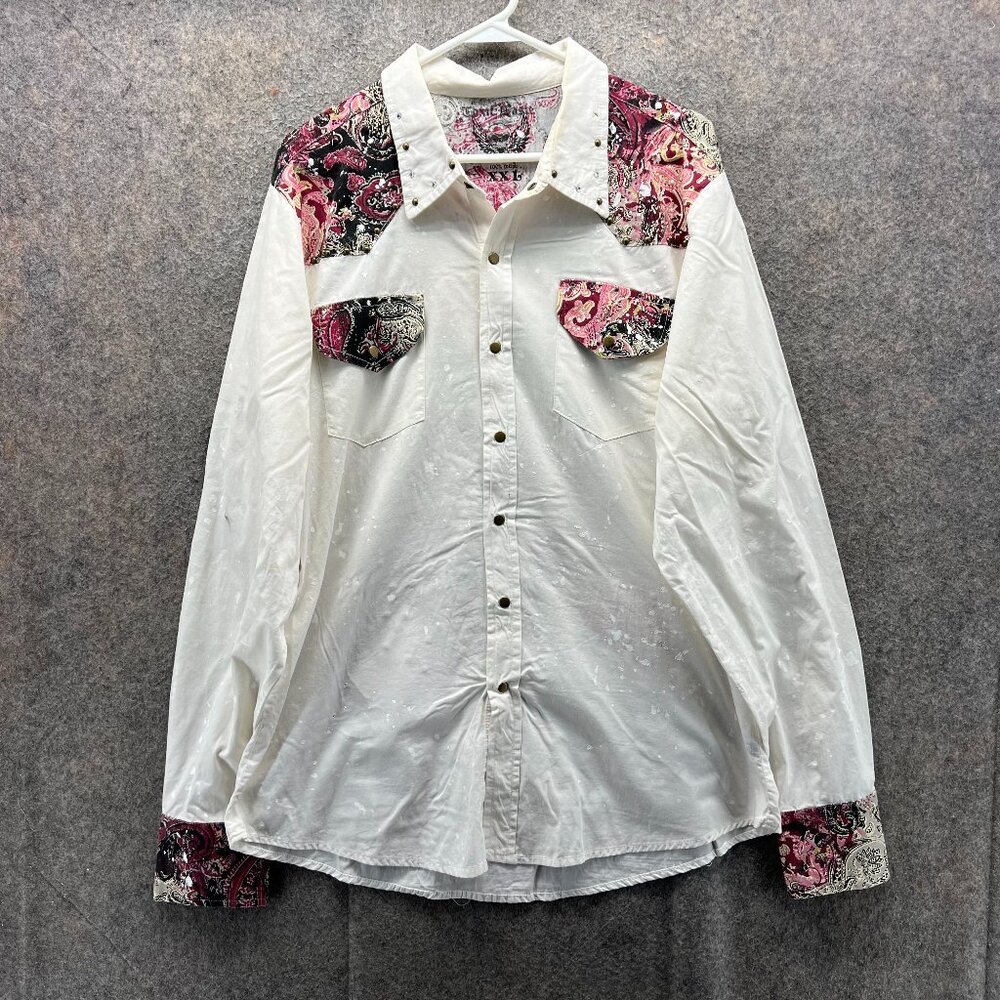 Toxic Waste Western Shirt Mens XXL White Paisley Contrast Pearl Snap Made in USA
